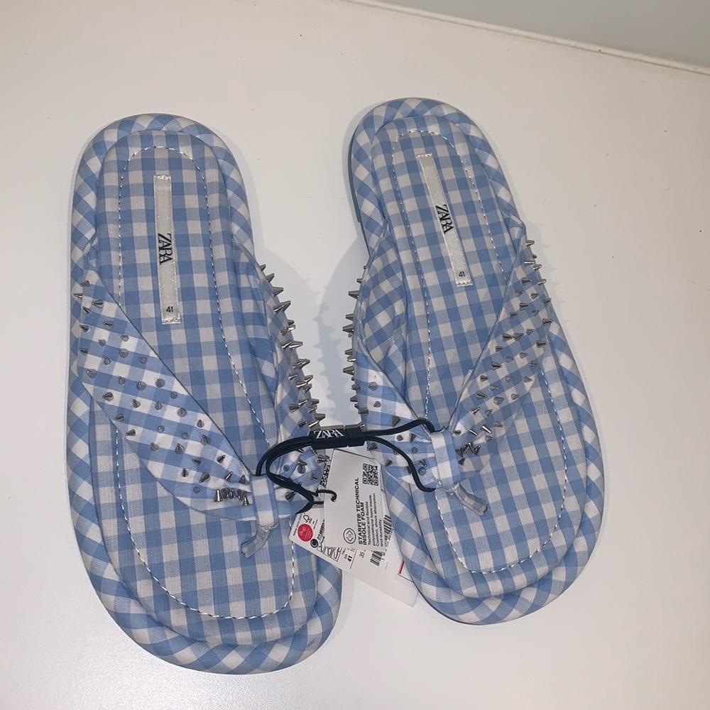Zara Gingham Studded Flip‎ Flops Sandals